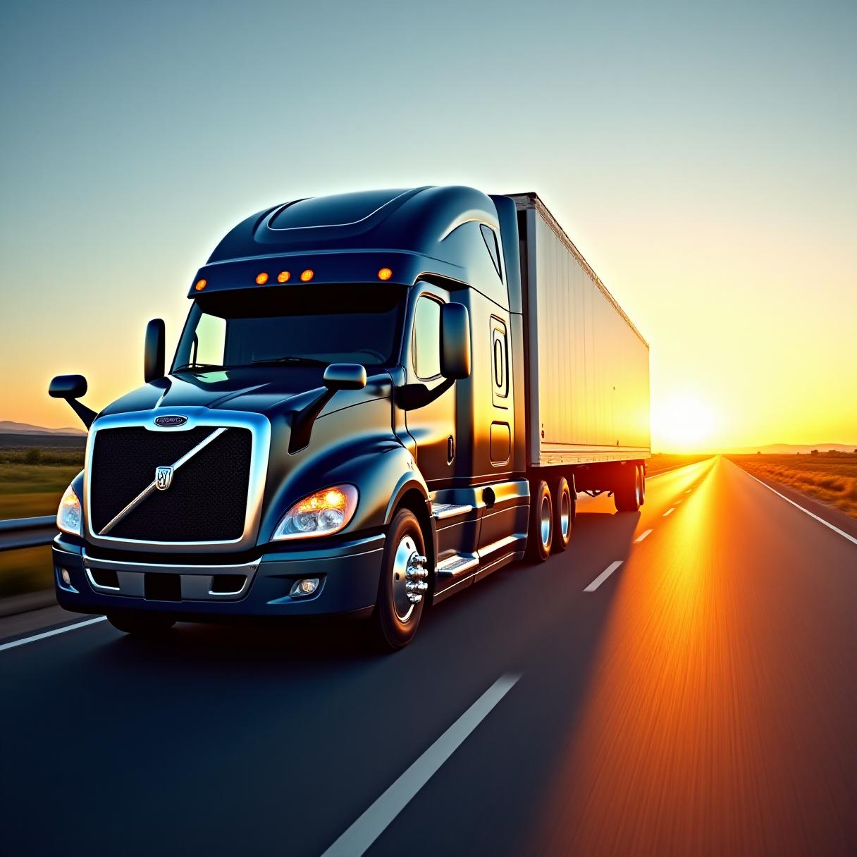 Modern logistics semi-truck on a highway at sunrise