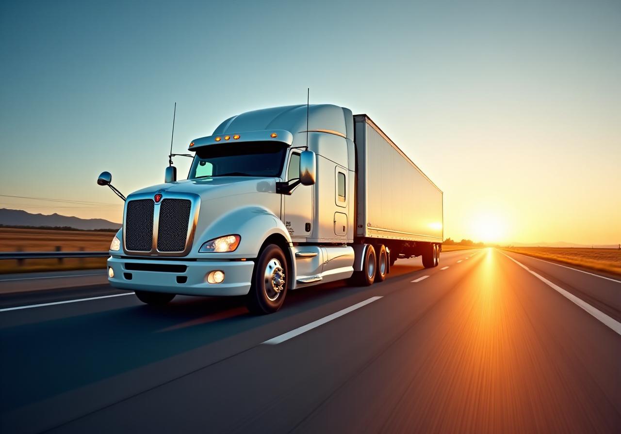 Modern logistics truck on a high-speed highway during golden hour