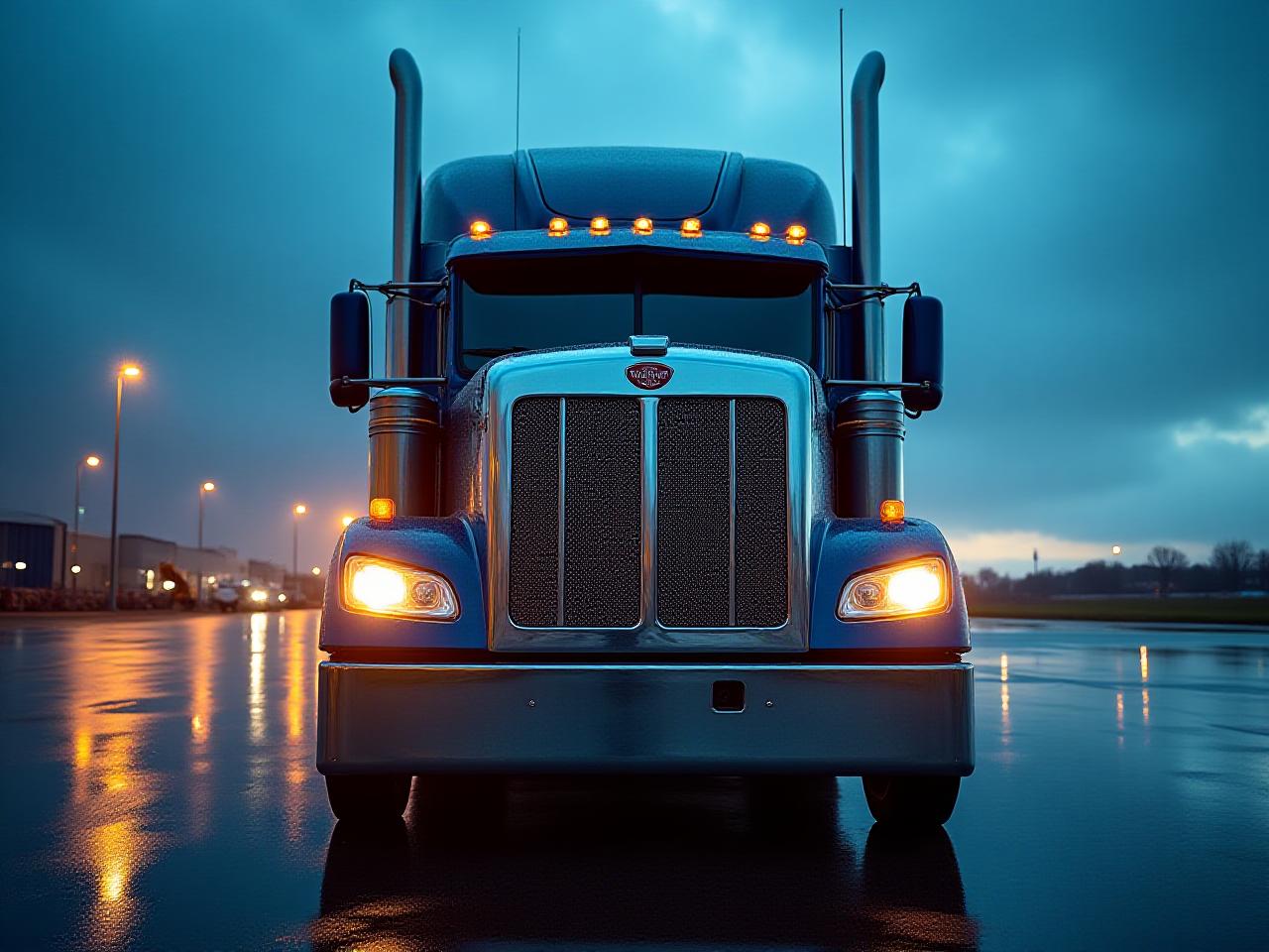 Close-up editorial of a clean, modern heavy-duty truck at dawn