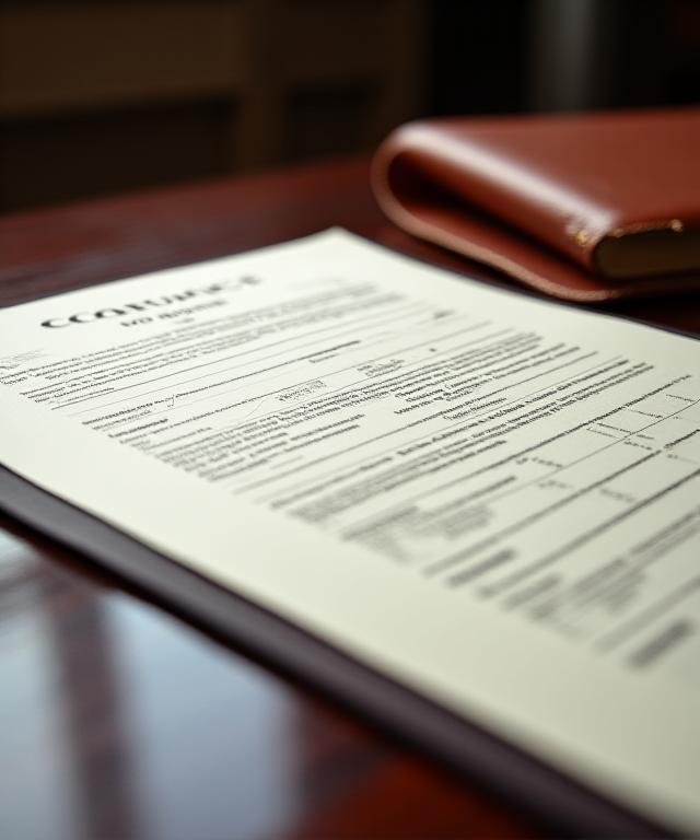 Close up of a legal logistics contract on a mahogany desk