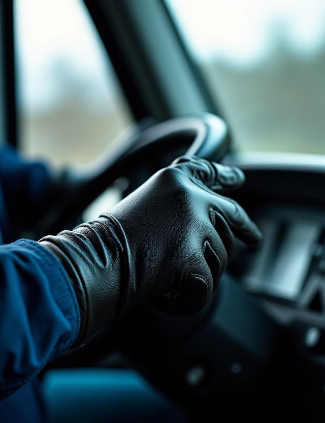 Close up of a driver's hand on a steering wheel